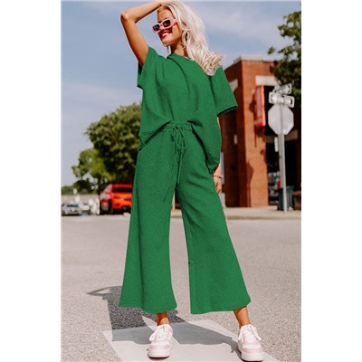 Dark Green Textured Loose Fit T Shirt and Drawstring Pants Set