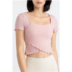 Light Pink Frilly Trim Crossed Hem Cropped Yoga Top