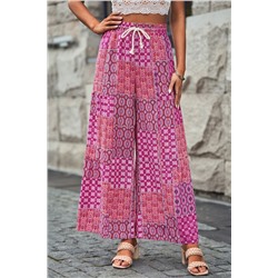 Purple Boho Patchwork Print Drawstring Wide Leg Pants