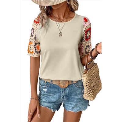 Parchment Floral Crochet Short Sleeve Top