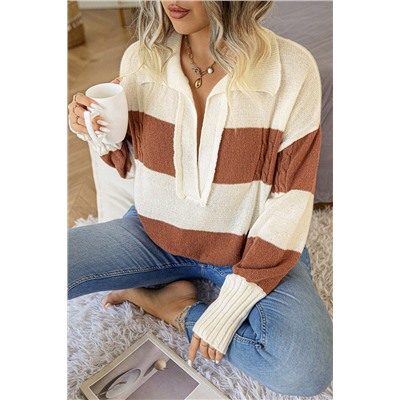 Stripes Collared Neck Corded Sweater