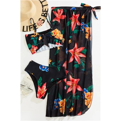 Black 3pcs Floral Twist Front Bikini with Cover-up Swimsuit