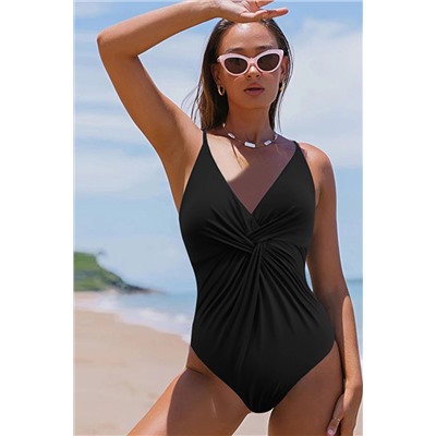 Black V Neck Twist Ruched Crisscross Backless One-Piece Swimsuit