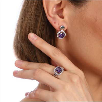 Комплект коллекция "Дубай", покрытие посеребрение с камнем, цвет фиолетовый, серьги, кольцо р-р 19, Е7223, арт.747.803