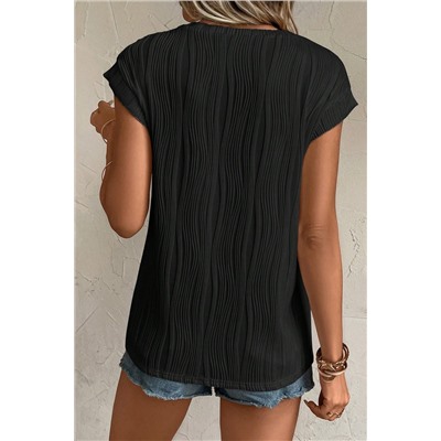 Black Wavy Texture Cap Sleeve Top