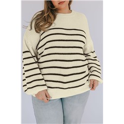 Khaki Plus Size Striped Drop Shoulder Puff Sleeve Sweater