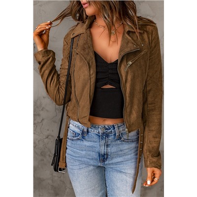 Brown Vegan Suede Zip Detail Moto Jacket