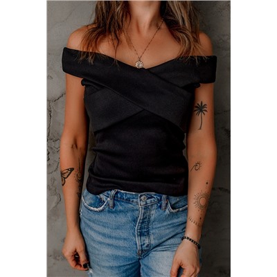 Black Ribbed Criss Cross Off Shoulder Top