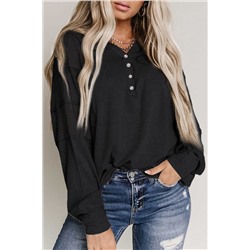 Black Waffle Patchwork Dolman Sleeve Henley Top