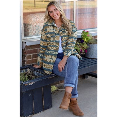 Blue Western Aztec Print Button Flap Pocket Shacket