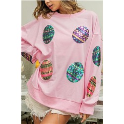 Pink Sequined Easter Egg Drop Shoulder Oversized Sweatshirt