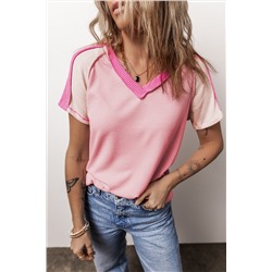 Pink Exposed Seam Color Block Knitted V Neck T-shirt