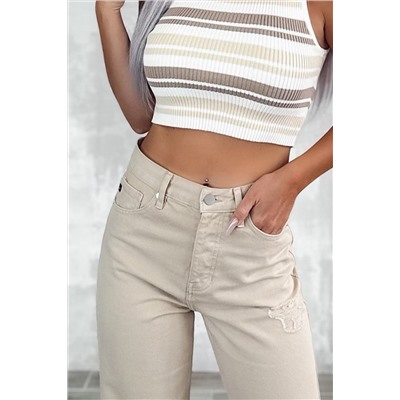 Khaki High Waist Ripped Wide-Leg Jeans