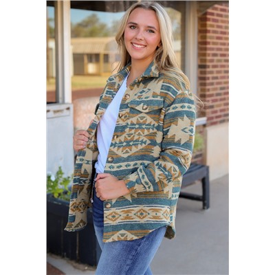 Blue Western Aztec Print Button Flap Pocket Shacket