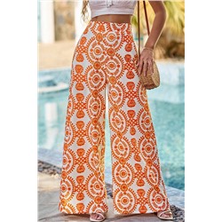 Orange Boho Retro Flower Print Wide Leg Pants