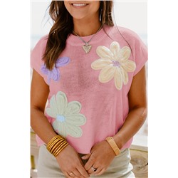 Pink Multi Crochet Flower Knit Short Sleeve Sweater Top