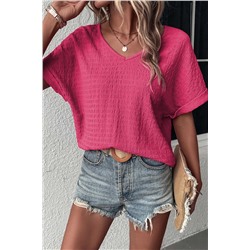 Bright Pink Textured Rolled Sleeve V Neck Tee