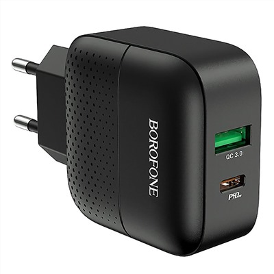 Адаптер Сетевой с кабелем Borofone BA46A Premium PD QC3.0 USB/Type-C 3A/18W (Lightning/Type-C) (black)