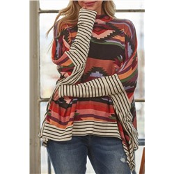 Multicolor Western Aztec Striped Mock Neck Dolman Sleeve Top