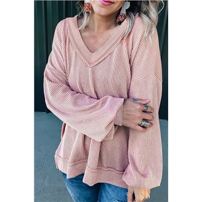 Peach Blossom Loose V Neck Bubble Sleeve Knit Ribbed Top