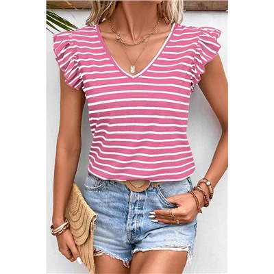 Pink Stripe Butterfly Sleeve V Neck Hollowed Knot Back T Shirt