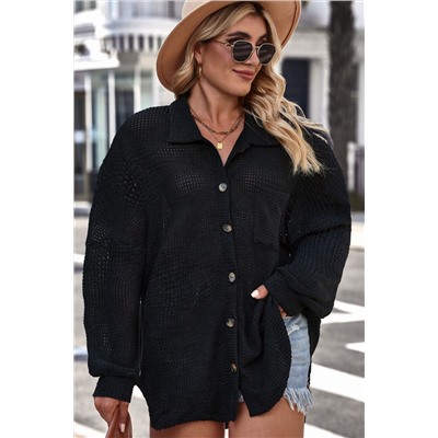 Black Plus Size Chest Pocket Waffle Knit Shirt