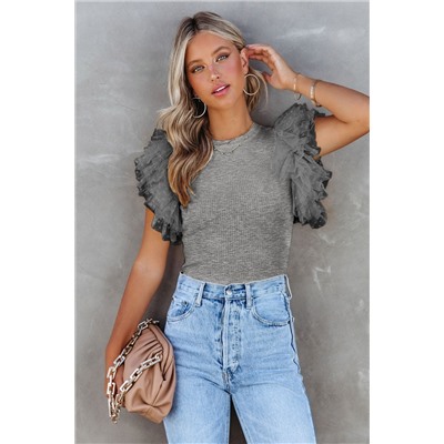 Gray Dotty Mesh Ruffle Sleeve Ribbed Knit Top