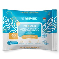 Детская влажная туалетная бумага SYNERGETIC Pure&Nature, пантенол и овсяное молочко, 40 шт.