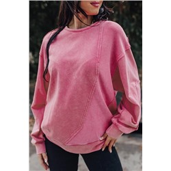 Pink Exposed Seam Waffle Knit Patchwork Sweatshirt