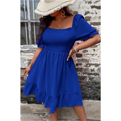 Dark Blue Shirred Ruffled Square Neck Plus Size Mini Dress