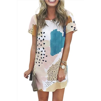 Бежевое платье-футболка с разноцветными вставками и леопардовым принтом