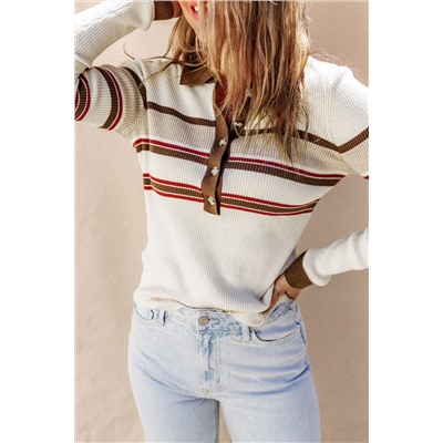 White Rib Knitted Stripe Detail Henley Sweater