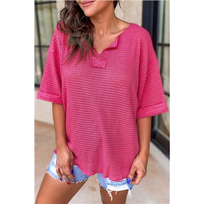 Strawberry Pink Textured Knit Split Neck Cuffed Short Sleeve Top