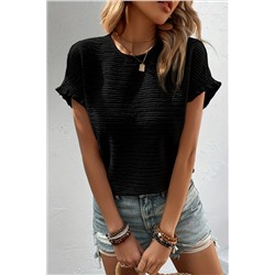 Black Solid Textured Ruffled Short Sleeve Blouse