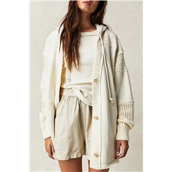 Beige Contrast Knit Patchwork Hooded Functional Coat