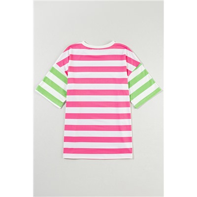 Pink Stripe Contrast Patch Pocket Drop Sleeve T Shirt