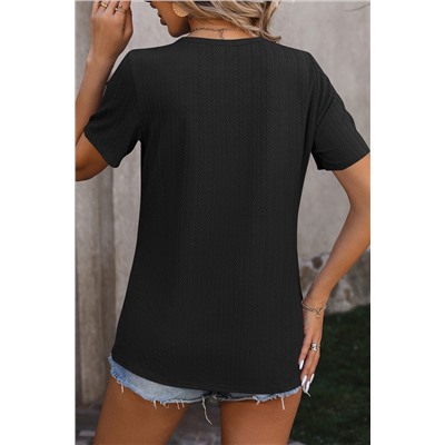 Black Button Slit Detail Fashion Textured T Shirt