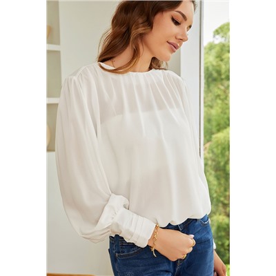 White Padded Shoulder Buttoned Cuffs Pleated Loose Blouse