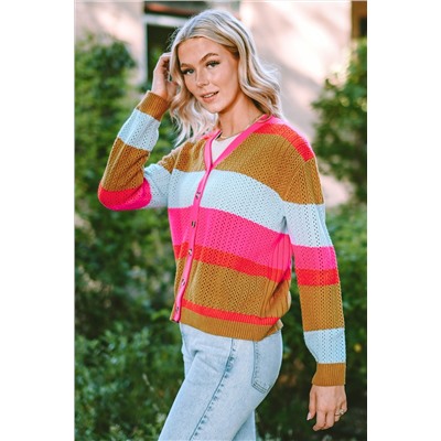 Rose Color Block Knitted Buttoned V Neck Sweater