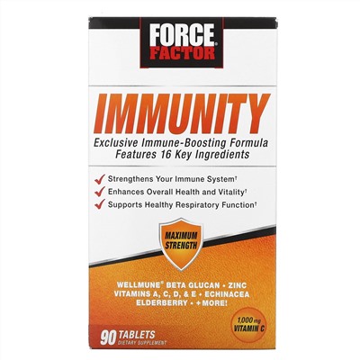 Force Factor, Immunity, средство для поддержки иммунитета, 1000 мг, 90 таблеток