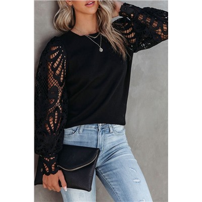 Black Crochet Sleeve Crew Neck Blouse