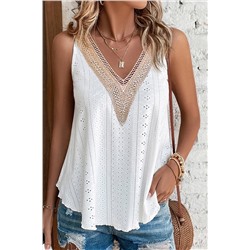 White Lace Crochet Splicing V Neck Loose Fit Tank Top