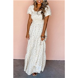 White Frilly Shirred Bodice Tiered Floral Maxi Dress