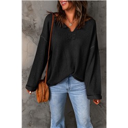 Black Waffle Knit Loose Long Sleeve Top