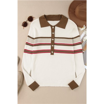 White Rib Knitted Stripe Detail Henley Sweater