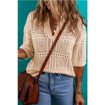 Apricot Turn-down Collar Hollowed Knit Short Sleeve Top