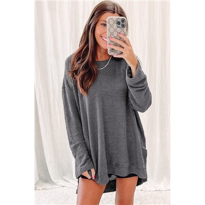 Gray Waffle Knit High Slits Oversized Top