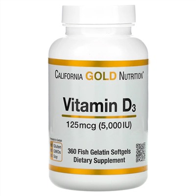 California Gold Nutrition, витамин D3, 125 мкг (5000 МЕ), 360 капсул из рыбьего желатина