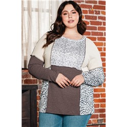 Brown Plus Size Leopard Waffle Ribbed Knit Patchwork Top