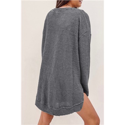 Gray Waffle Knit High Slits Oversized Top